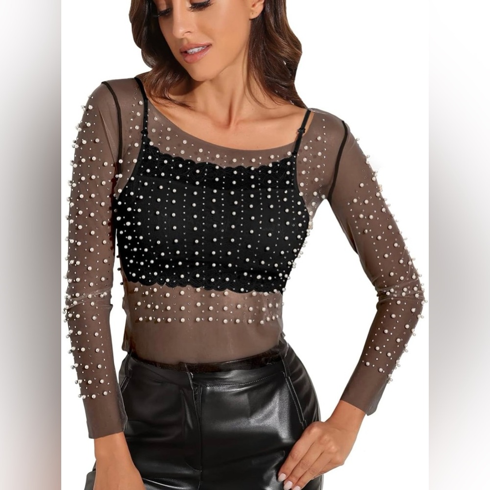 Pearl Rhinestone See Through Long Sleeve Mesh Blouse - Size 2XL